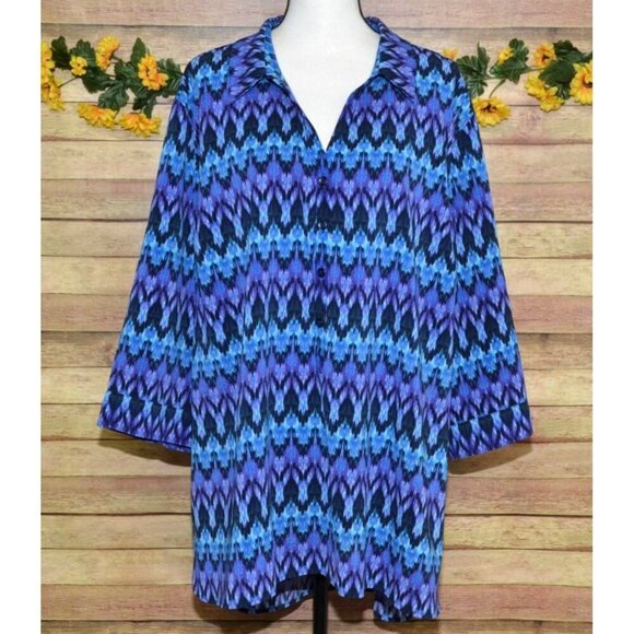 Catherines Plus 3X 26W 28W Half Button 3/4 Sleeve Blouse Top Purple Blue Print - Picture 1 of 9
